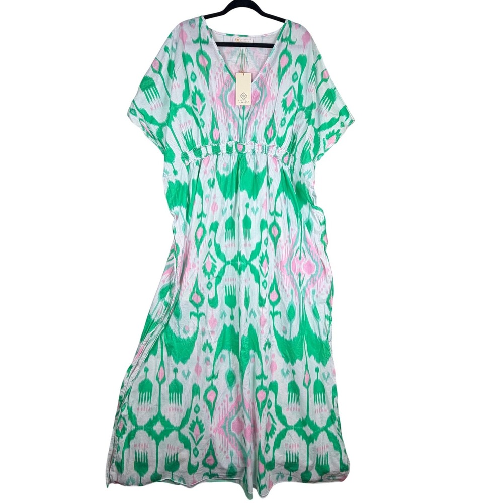 Sheridan French Christy Caftan Worth Avenue Ikat Cotton Maxi Dress L XL